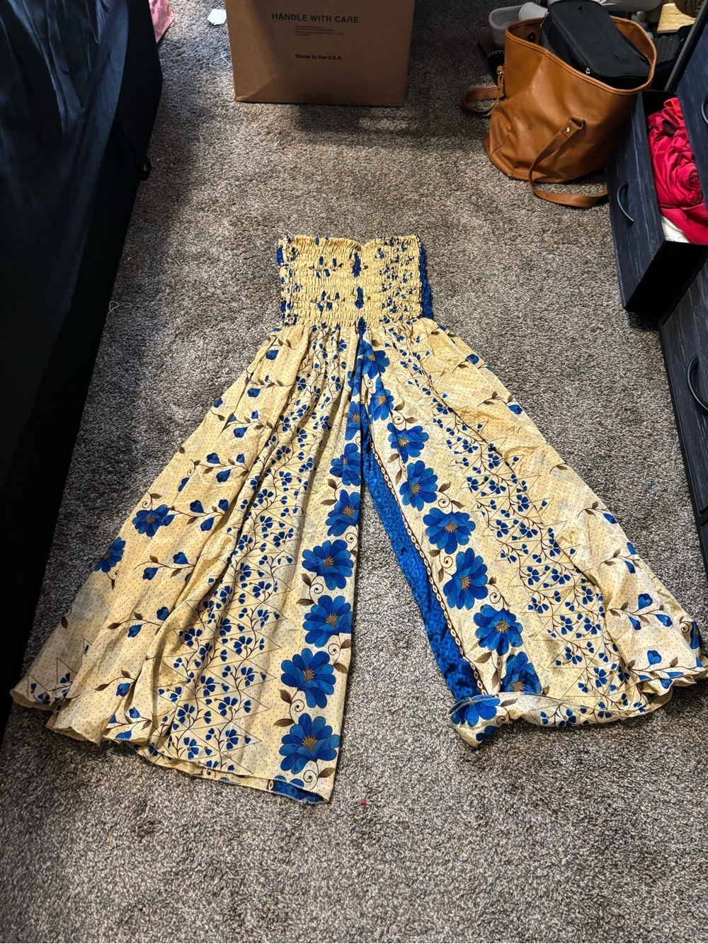 Smocked Waist Wide-Leg hippie pants/ jumpsuit in Yellow & Blue Floral